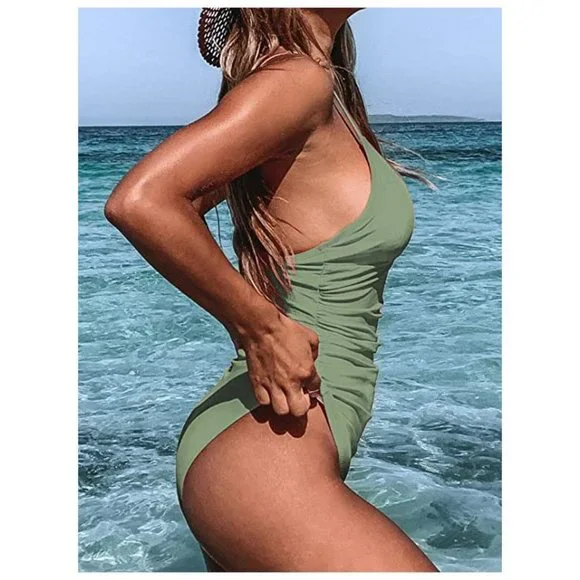 NEW Green Women's One Piece Swimsuit Tummy Control V Neck Bathing Suit sz M - Picture 3 of 10